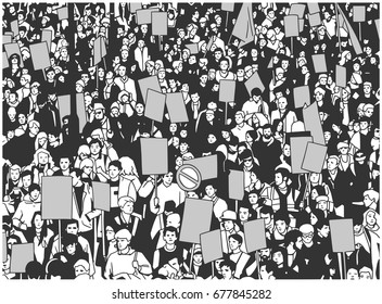 Illustration of protesting crowd with blank signs and banners from high angle in grey scale