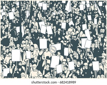 Illustration of protesting crowd with blank signs and banners in color