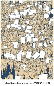 Illustration of protesting crowd from high angle view with blank signs