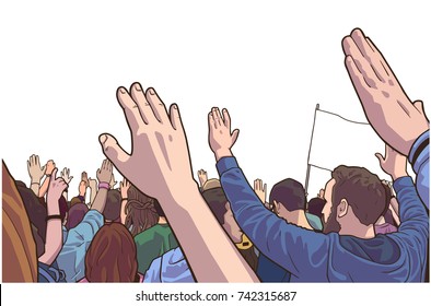 Illustration of protesting crowd with students and blank flag in color