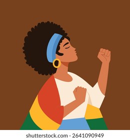 illustration of a proud African American woman celebrating Black History Month. Ideal for use in educational materials, posters, banners, greeting cards, and digital platforms. This portrait highlight