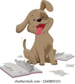 Illustration of a Proud Dog Sitting Down with a Ripped Book or Magazine