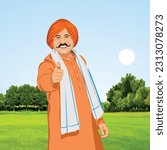 Illustration of Proud Happy Indian Farmer in his Green Farm. Rural Indian.