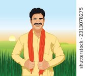 Illustration of Proud Happy Indian Farmer in his Green Farm. Rural Indian.
