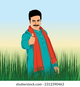 Illustration of Proud Happy Indian Farmer in his Green Farm.