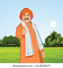 Illustration of Proud Happy Indian Farmer in his Green Farm. Rural Indian.