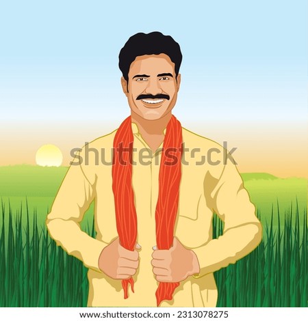 Illustration of Proud Happy Indian Farmer in his Green Farm. Rural Indian.