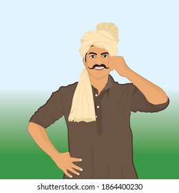 Illustration Of Proud Indian Farmer In Farm.