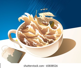 Illustration for proverb “A storm in a teacup”: storm, shipwreck, cup of tea and teabag on the table under the rain, vector