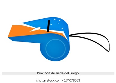 An Illustration of Provincia de Tierra del Fuego or Archipelago Flag on A Whistle, The Sport Concept and Political Symbol. 