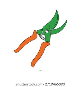 Ilustração de tesouras de poda cortando um ramo verde com alças laranja