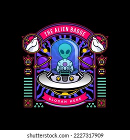 illustration of psychedelic alien badge riding ufo