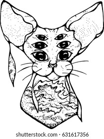 Illustration of a psychedelic cat with three pairs of eyes. The cat is decorated with sea waves in Japanese style