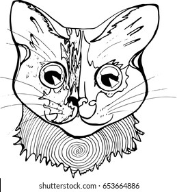 An illustration of a psychodelic cat. Black and white drawing of a cat.