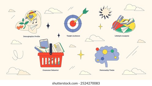 Ilustração de segmentação psicográfica com ícones para perfil demográfico, público-alvo, análise de estilo de vida, comportamento do consumidor e traços de personalidade.