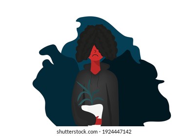 Ilustración de problemas psicológicos de personalidad. Difidencia. Opresión y miedo. Un joven con una flor en una olla. 