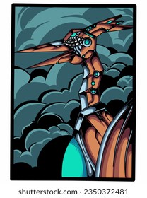illustration of a pteranodon robot head with a cloud background
