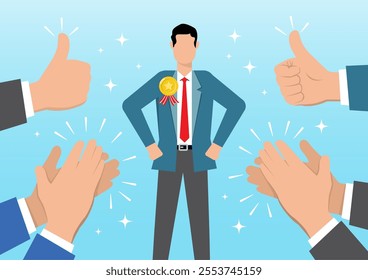 An illustration of Public approval concept. Businessman on background of applause and social hero. Successful entrepreneur or employee celebrating success