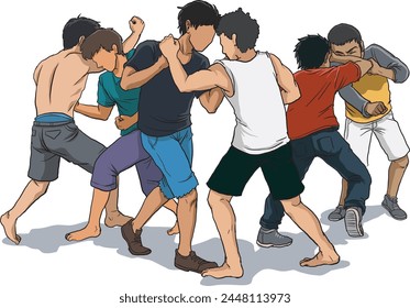 Illustration of public brawl, mass brawl - vector