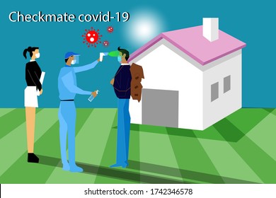 Illustration of a public health worker working to find people who have been infected with Covid-19 in the village for screening and searching for patients.
