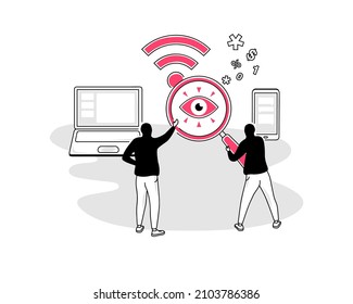 Illustration of public wi-fi security risks symbol with a laptop and a spy magnifier. Easy to use for your website or presentation.