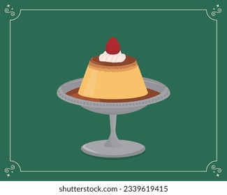 An illustration of a pudding topped with whipped cream and strawberries