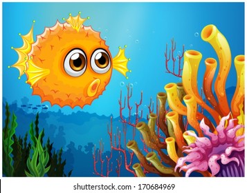 Illustration of a puffer fish near the coral reefs on a white background