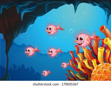 Illustration of the puffer fishes inside the sea cave