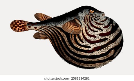 Illustration of a pufferfish with bold stripes. The pufferfish features intricate patterns. Pufferfish illustration highlights detailed scales and fins. Vintage fish illustration isolated, vector.