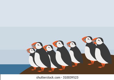 Illustration of the puffins family on nordic island