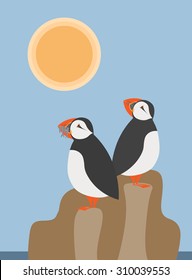 Illustration of the puffins family on nordic landscape background