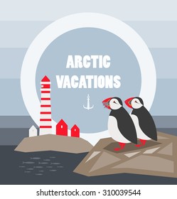 Illustration of the puffins on nordic landscape background