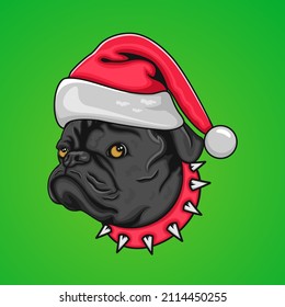 illustration of a pug dog wearing a christmas hat and a red collar.