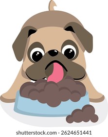 Illustration of Pug Eating from Bowl. Kawaii pug vector illustration