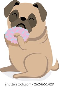 Illustration of Pug Eating Donut. Kawaii pug vector illustration