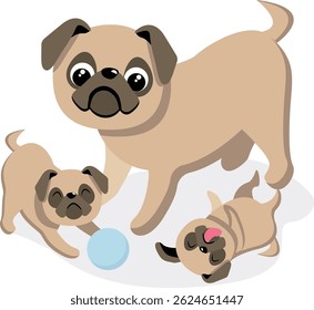 Illustration of a Pug and Puppies. Kawaii pug vector illustration