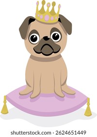 Illustration of a Pug Wearing a Crown. Kawaii pug vector illustration