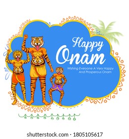 illustration of Puli Kali dancer on background for Happy Onam festival of South India Kerala