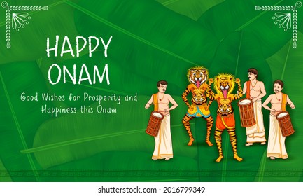 illustration of Puli Kali dancer on background for Happy Onam festival of South India Kerala