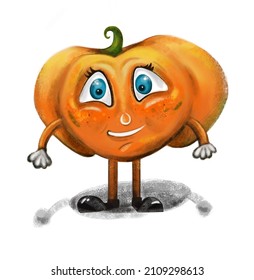 illustration of a pumpkin with arms and hands in boots, with blue eyes and eyelashes and a smile