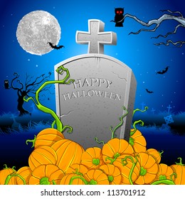 illustration of pumpkin around tomb stone in Halloween night