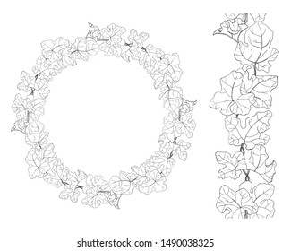 Illustration with pumpkin black and white leaves. Autumn vector black and white wreath and seamless brush. Interesting silhouette for your zenart or coloring book. Template for greeting card.