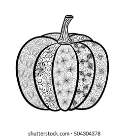 Illustration "Pumpkin" was created in doodling style in black and white colors.  Painted image is isolated on white background.   It  can be used for coloring books for adult and other decorations.