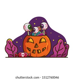 illustration of pumpkin and eye candy enlivening halloween party, kids halloween. vector candy