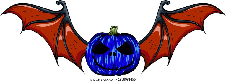 illustration pumpkin face with red bat wings