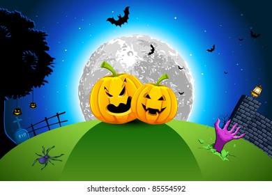 illustration of pumpkin in grassland in full moon halloween night