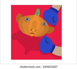 An illustration of pumpkin and hands of a fighter in hand-to-hand combat gloves. This concept can be useful as an advertising for fighting and sports organizations. Vector, isolated.