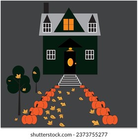 Illustration of a pumpkin house and road on the sides on a gray background.