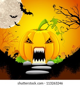 illustration of pumpkin house in scary halloween night