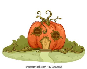 Illustration of a Pumpkin House with Vines Flowing From It